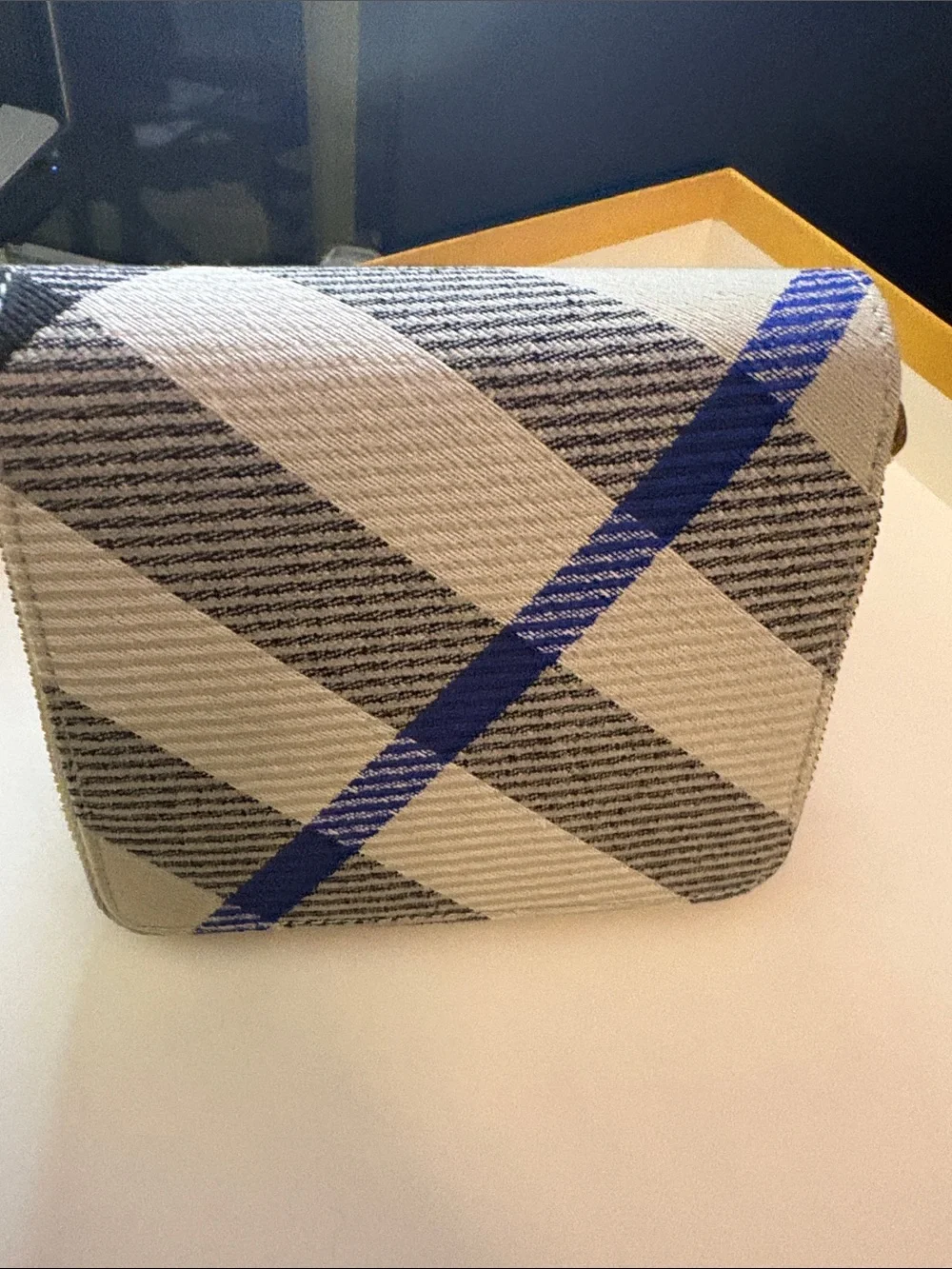 Burberry Canvas Plaid Zip Wallet - Beige and Navy